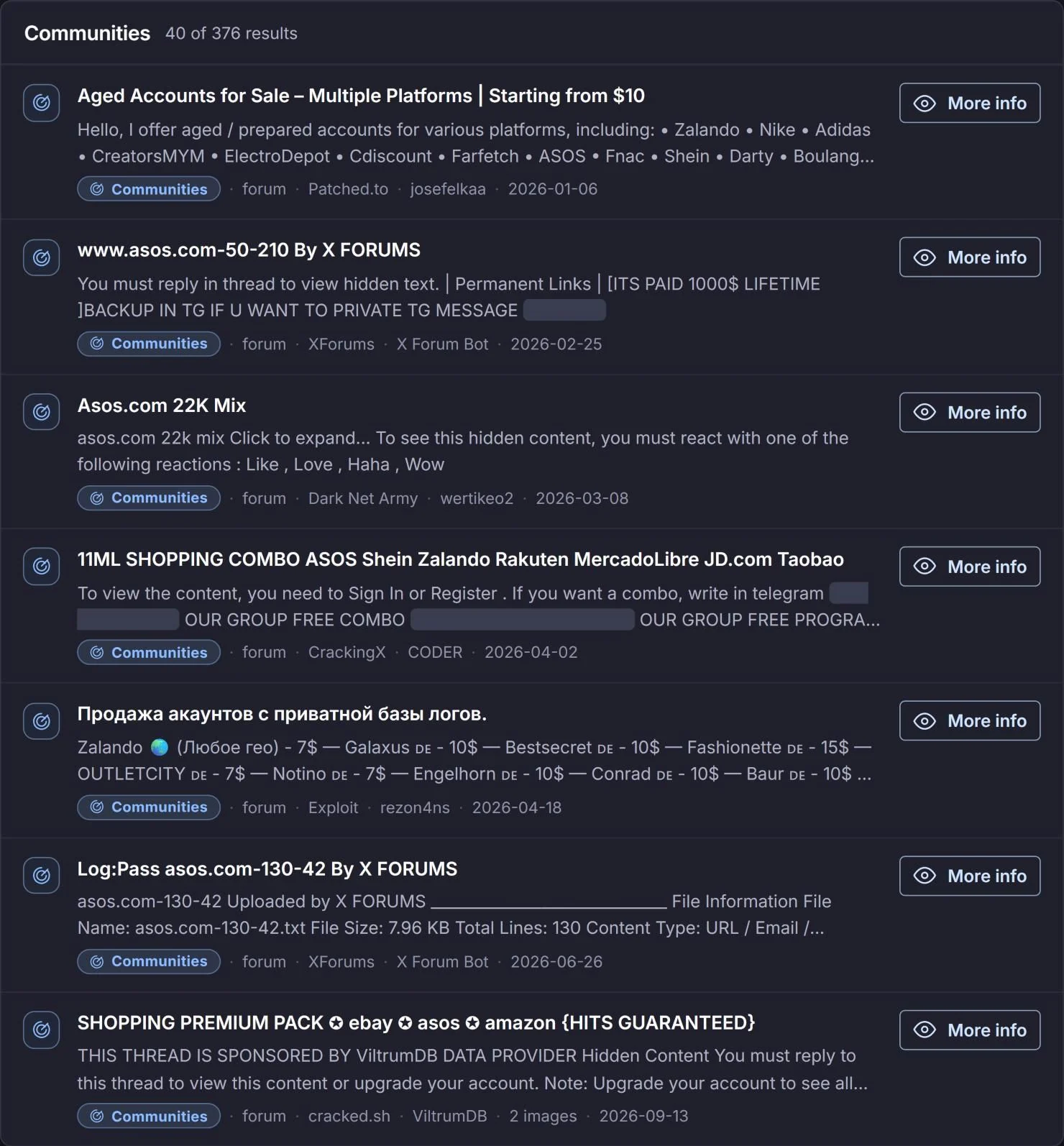 DDW Advance forum results from January to September 2026: aged accounts including ASOS on Patched.to, ASOS login lists posted by an automated XForums account, a 22K ASOS mix on Dark Net Army, a shopping combolist on CrackingX, an Exploit price list with ASOS accounts at five dollars, and a cracked.sh shopping pack