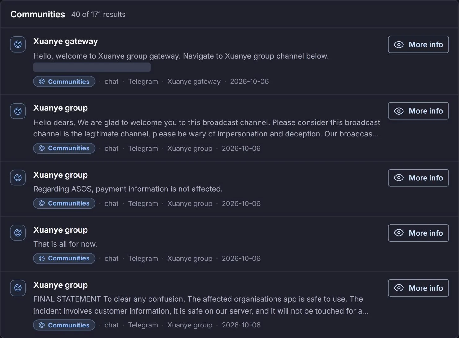 DDW Advance results showing five Telegram posts from 6 October 2026: the Xuanye gateway post linking to the main channel, the group’s welcome post, “Regarding ASOS, payment information is not affected”, “That is all for now”, and the group’s final statement