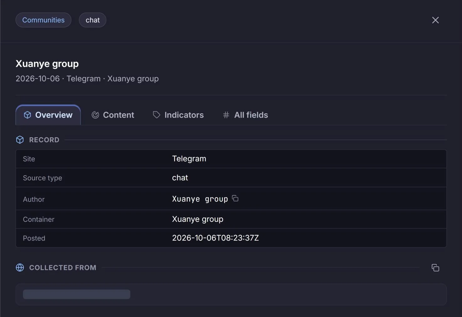 The FireIntel record for the Xuanye group welcome post, showing Telegram as the site, the group as author and container, and a posting time of 2026-10-06T08:23:37Z